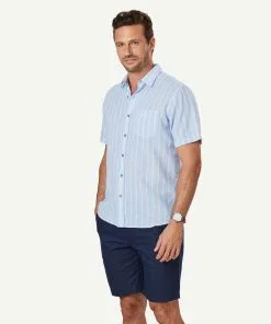Gazman Linen Blend Stripe Short Sleeve Shirt - Blue -Cheap Gazman Store 6 47408
