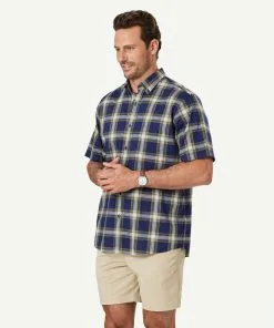 Gazman Casual Cotton Check Short Sleeve Shirt - Navy -Cheap Gazman Store 6 47434