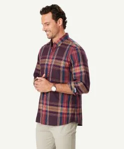 Gazman Casual Twill Multi Check Long Sleeve Shirt - Burgundy -Cheap Gazman Store 6 48593