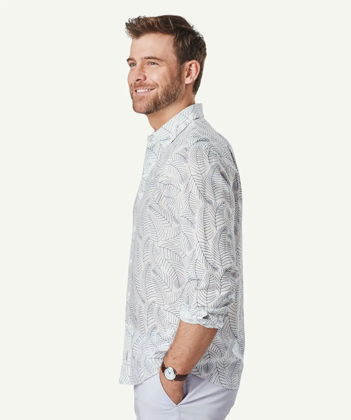 Gazman Linen Blend Fern Print Long Sleeve Shirt - White 7 Gazman Linen Blend Fern Print Long Sleeve Shirt - White - Image 5