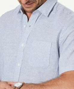 Gazman Linen Blend Fine Stripe Short Sleeve Shirt - Navy -Cheap Gazman Store 7 47475