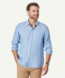 Gazman Tailored Linen Stripe Long Sleeve Shirt - Marine Blue